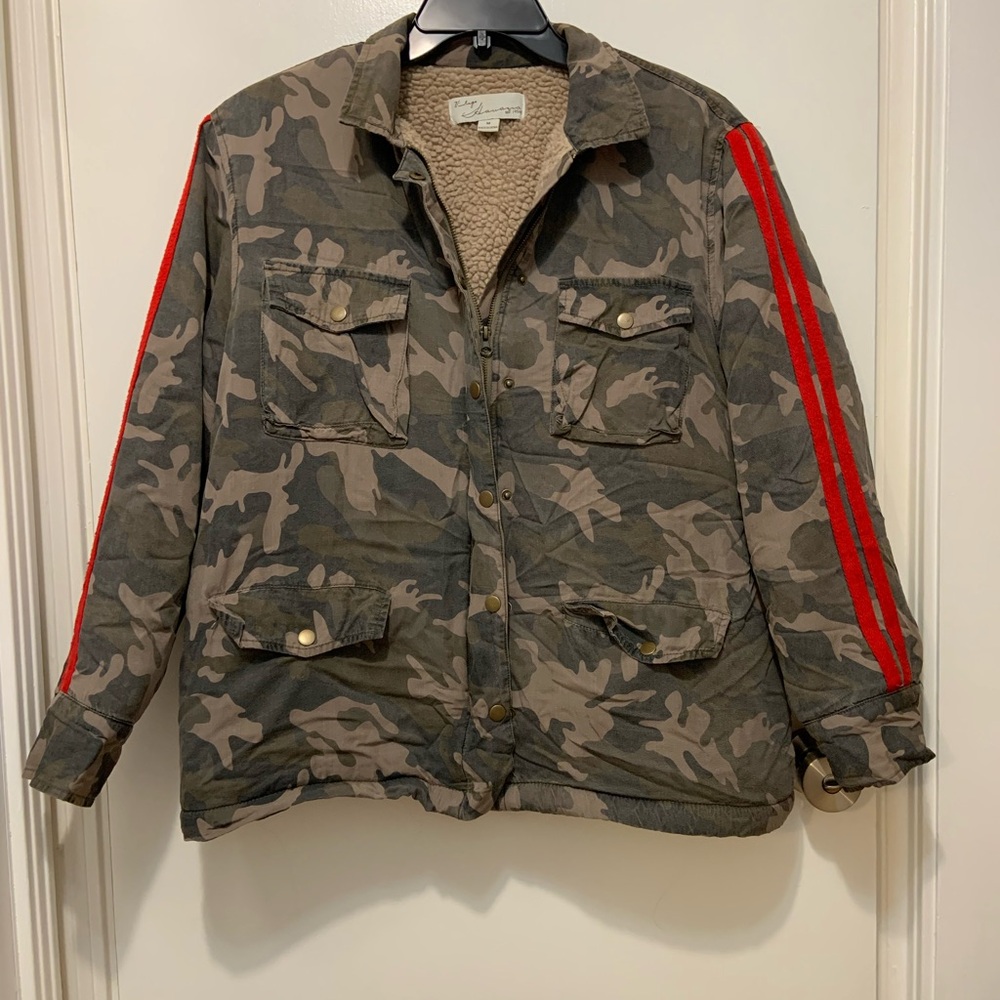Vintage Havana Faux Fur-Lined Track Stripe Camo Women’s Jacket.